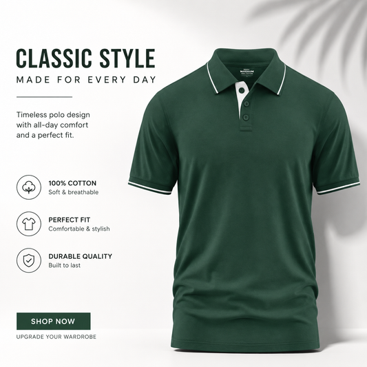 Premium Men's Bottle Green Polo T-Shirt with Tipped Collar | Half Sleeve