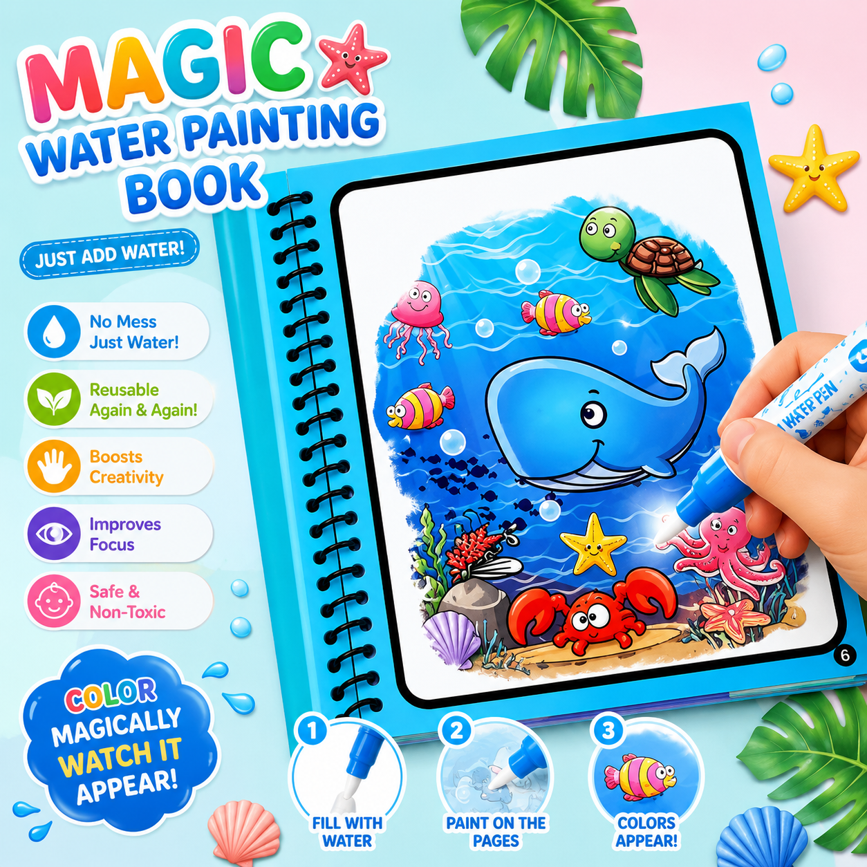 Magic Water Coloring Book Reusable Aqua Painting Books with Water Pen for Toddlers & Kids