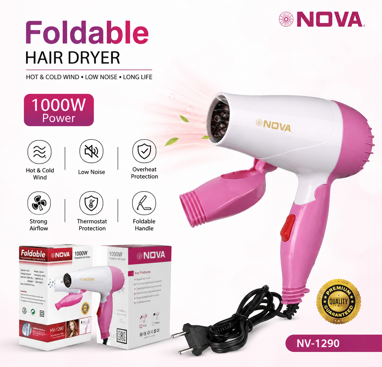 Nova NV-1290 Foldable Hair Dryer 1000W