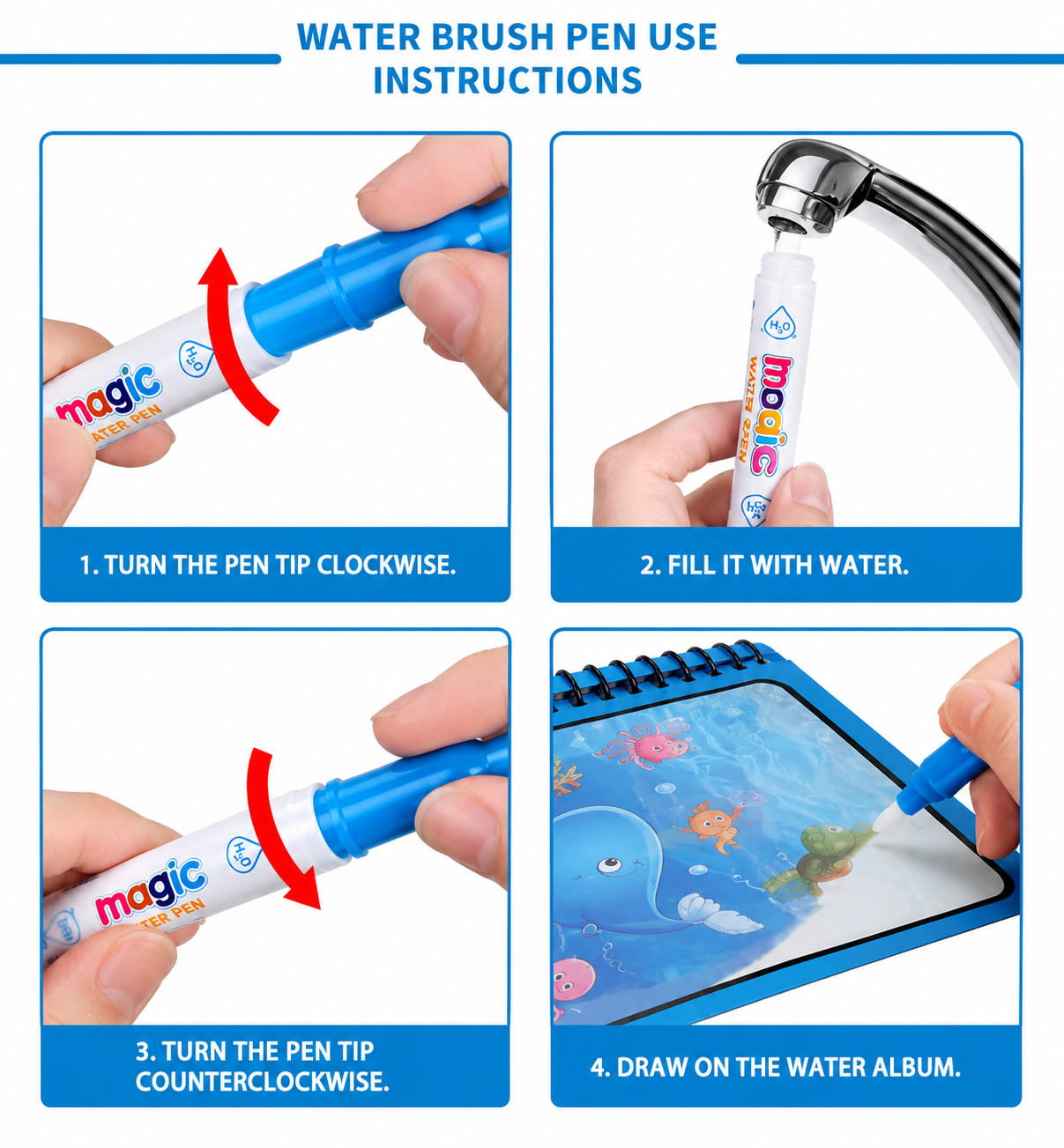 Magic Water Coloring Book Reusable Aqua Painting Books with Water Pen for Toddlers & Kids
