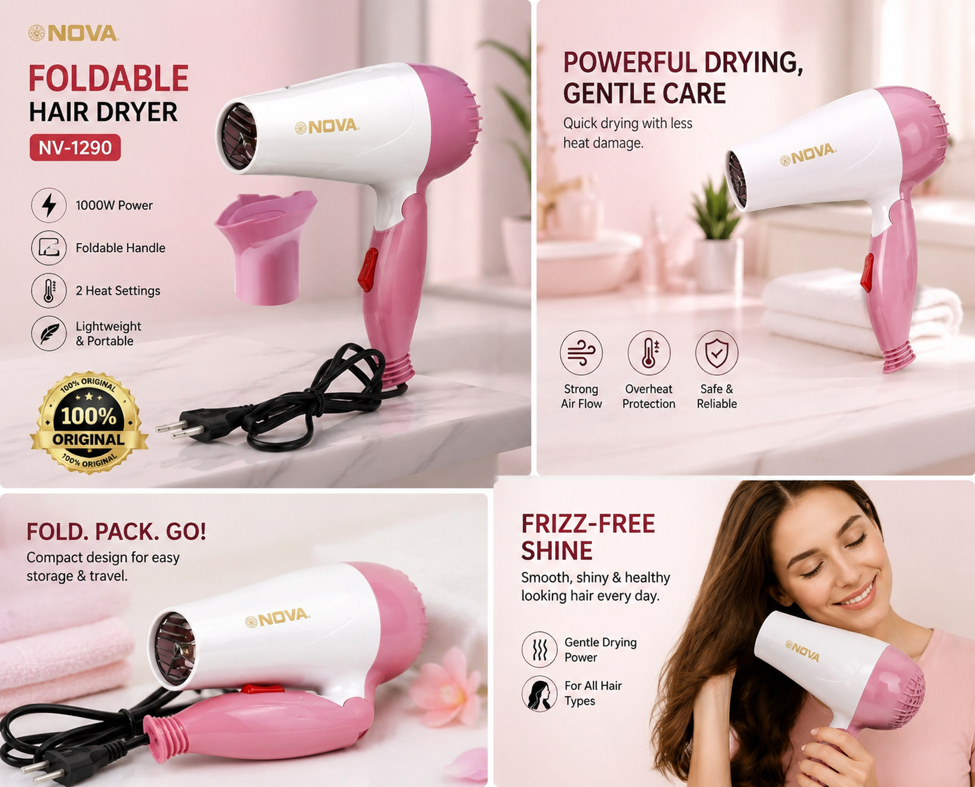 Nova NV-1290 Foldable Hair Dryer 1000W