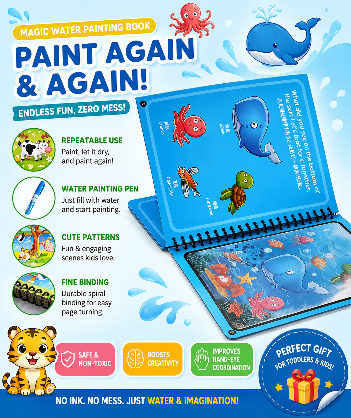 Magic Water Coloring Book Reusable Aqua Painting Books with Water Pen for Toddlers & Kids