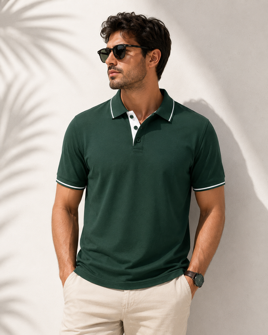 Premium Men's Bottle Green Polo T-Shirt with Tipped Collar | Half Sleeve