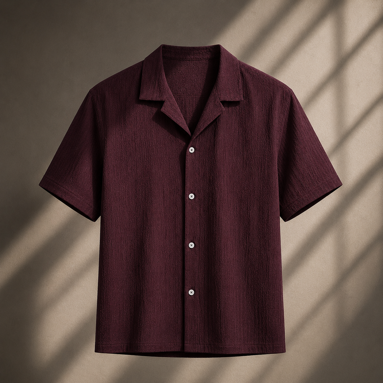 Casual Cuban Collar Short Sleeve Shirt – Rich Burgundy
Men's Relaxed Camp Collar Textured Shirt in Wine – Summer Casual