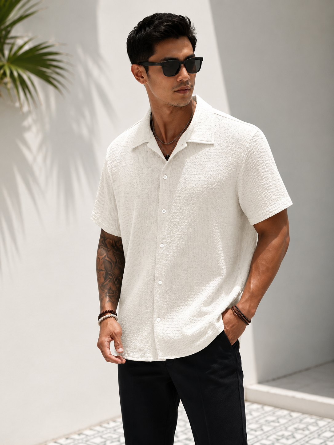 Premium Men's Off-White Waffle Knit Club Collar Shirt | Regular Fit | Summer
