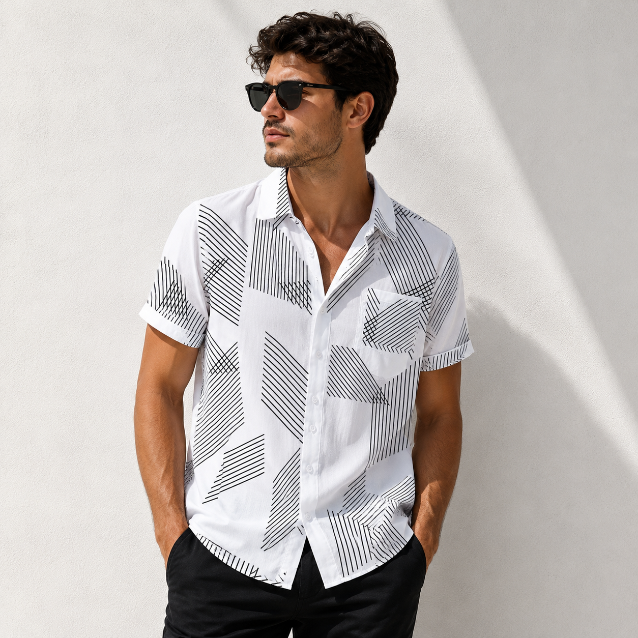 Men's Trendy White Graphic Line Print Shirt | Summer Casual Wear