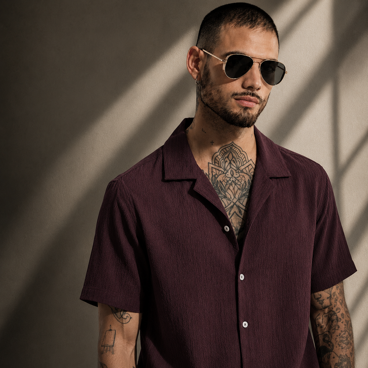 Casual Cuban Collar Short Sleeve Shirt – Rich Burgundy
Men's Relaxed Camp Collar Textured Shirt in Wine – Summer Casual